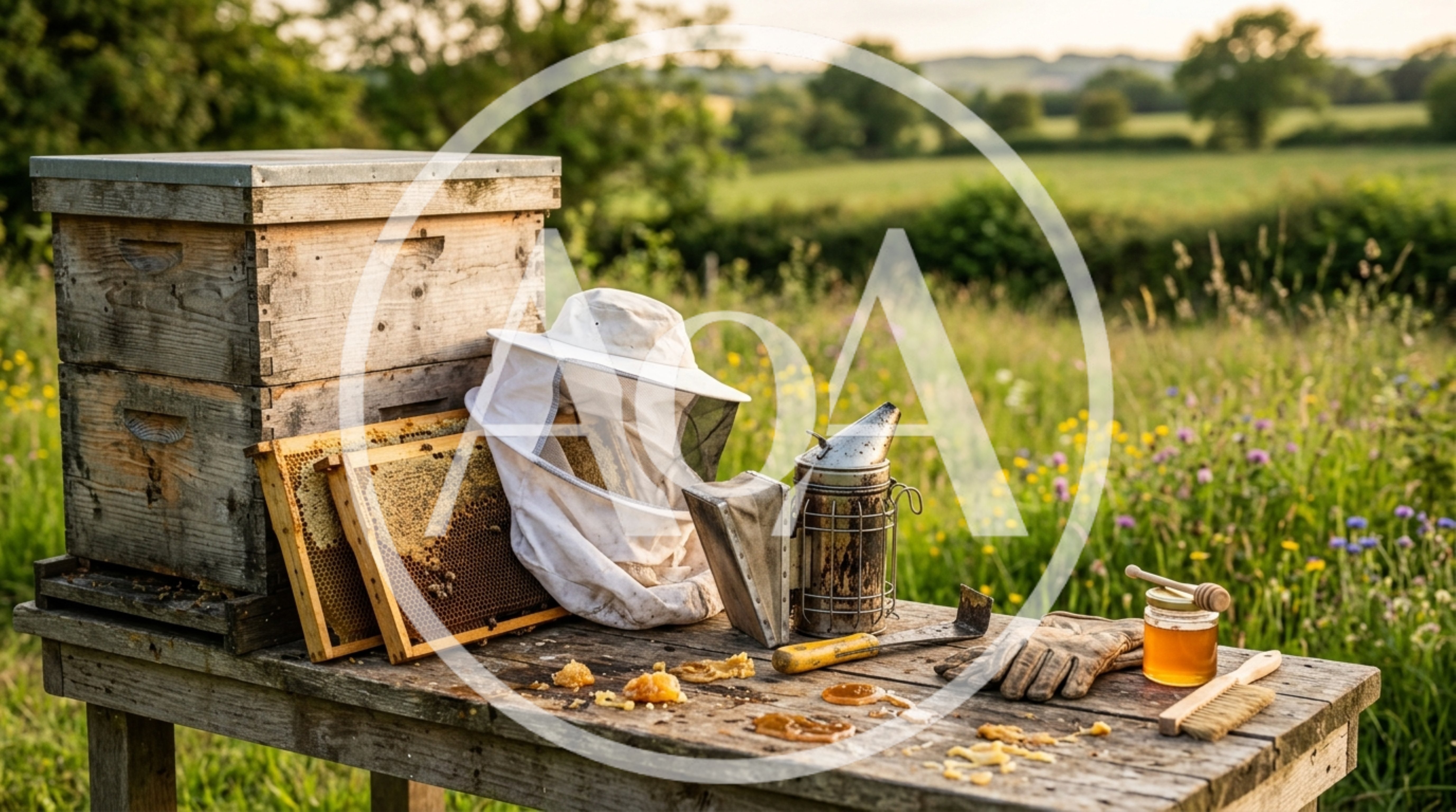 Beekeeping Equipment And Honey Harvest On Wooden Table