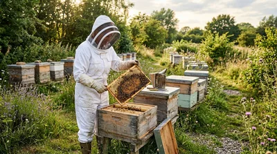 Beekeeper Inspecting Honeycomb Frame in Apiary