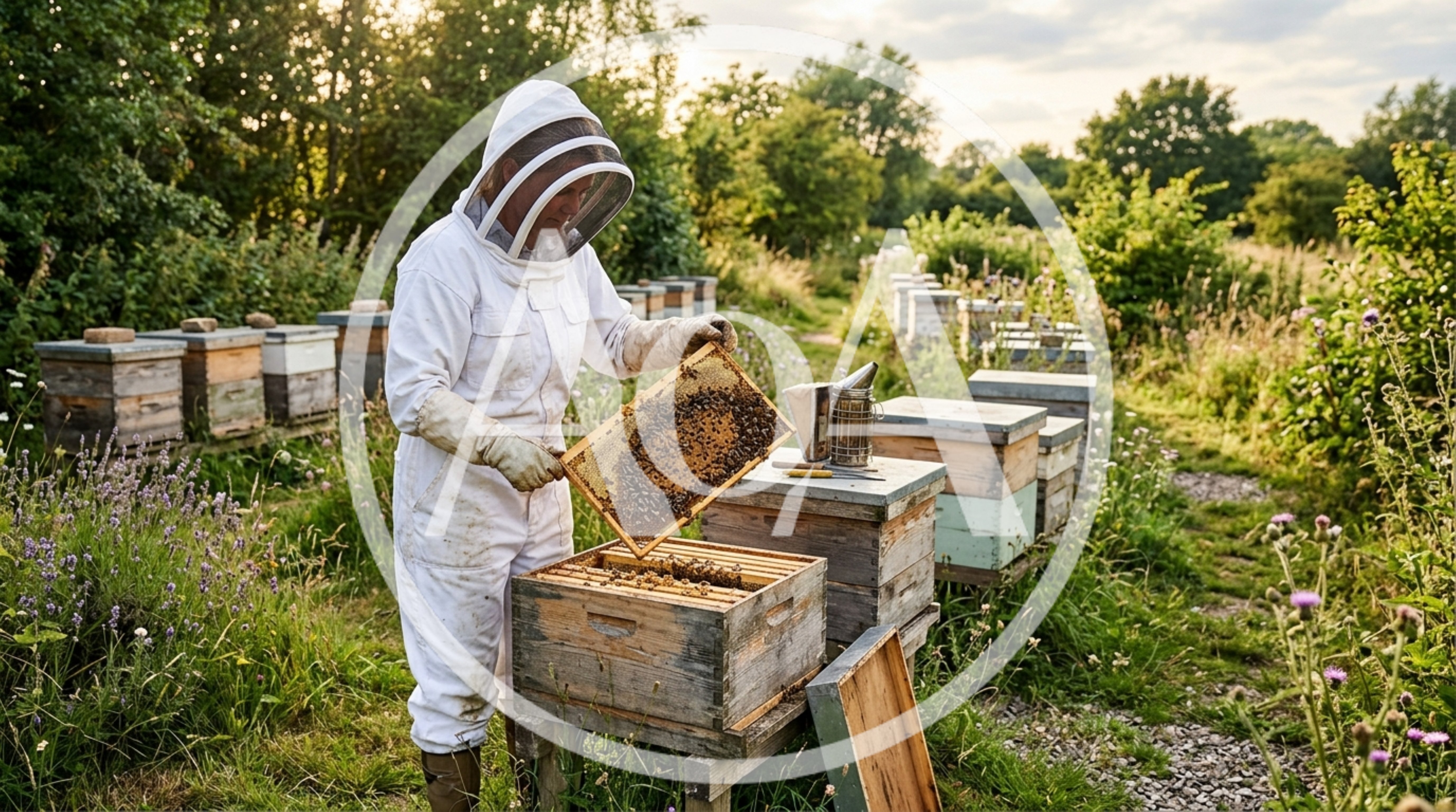 Beekeeper Inspecting Honeycomb Frame in Apiary