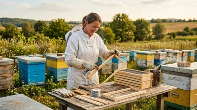 Beekeeper Inspecting Honeycomb Frame In Apiary