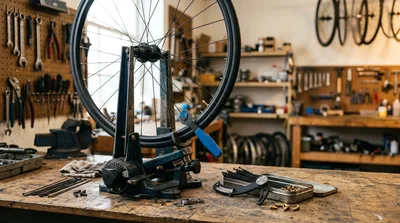 Bicycle Wheel Truing Stand In A Professional Workshop