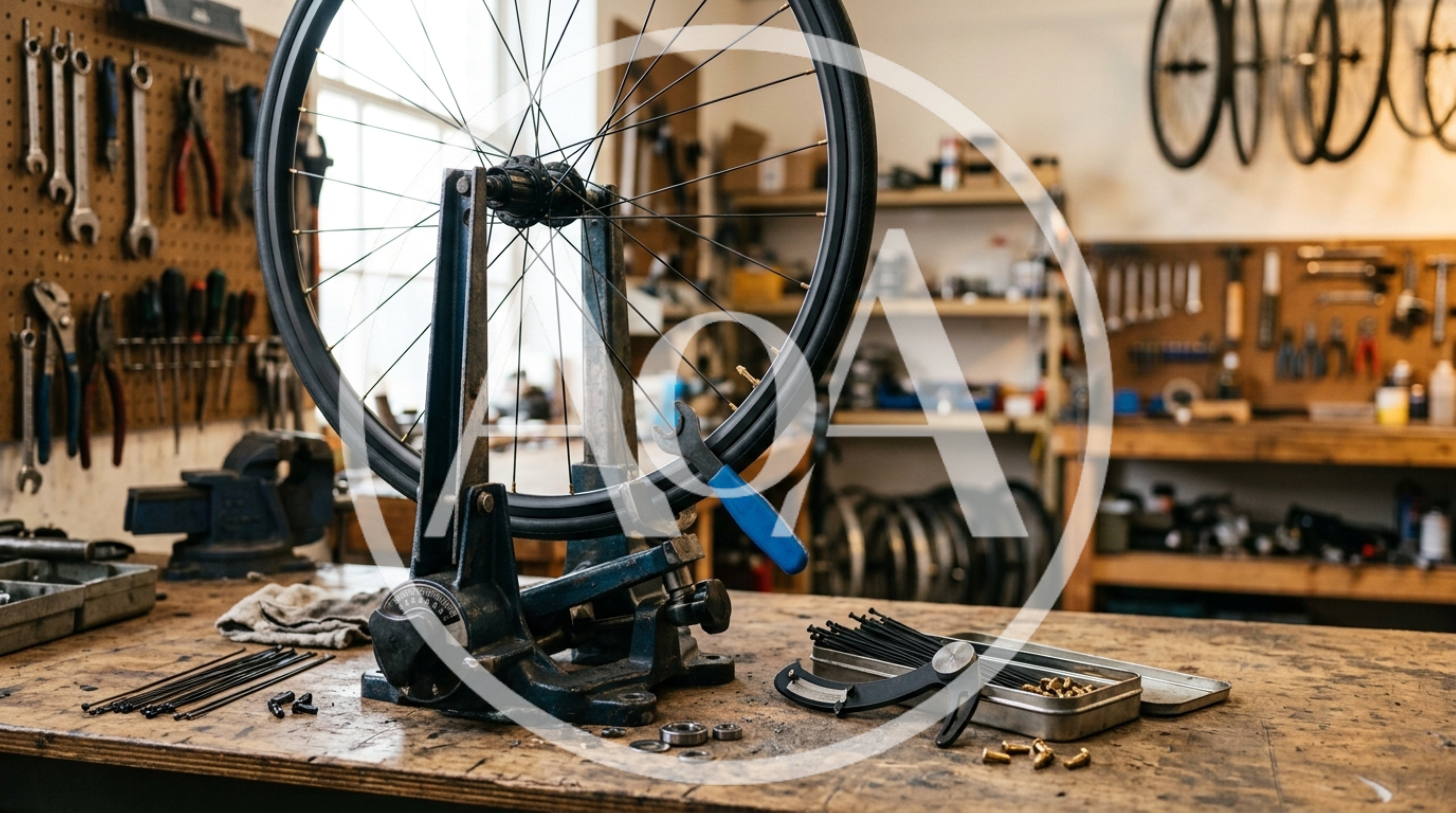 Bicycle Wheel Truing Stand In A Professional Workshop