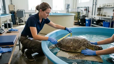 Marine Biologists Measuring Sea Turtle In Rehabilitation Tank