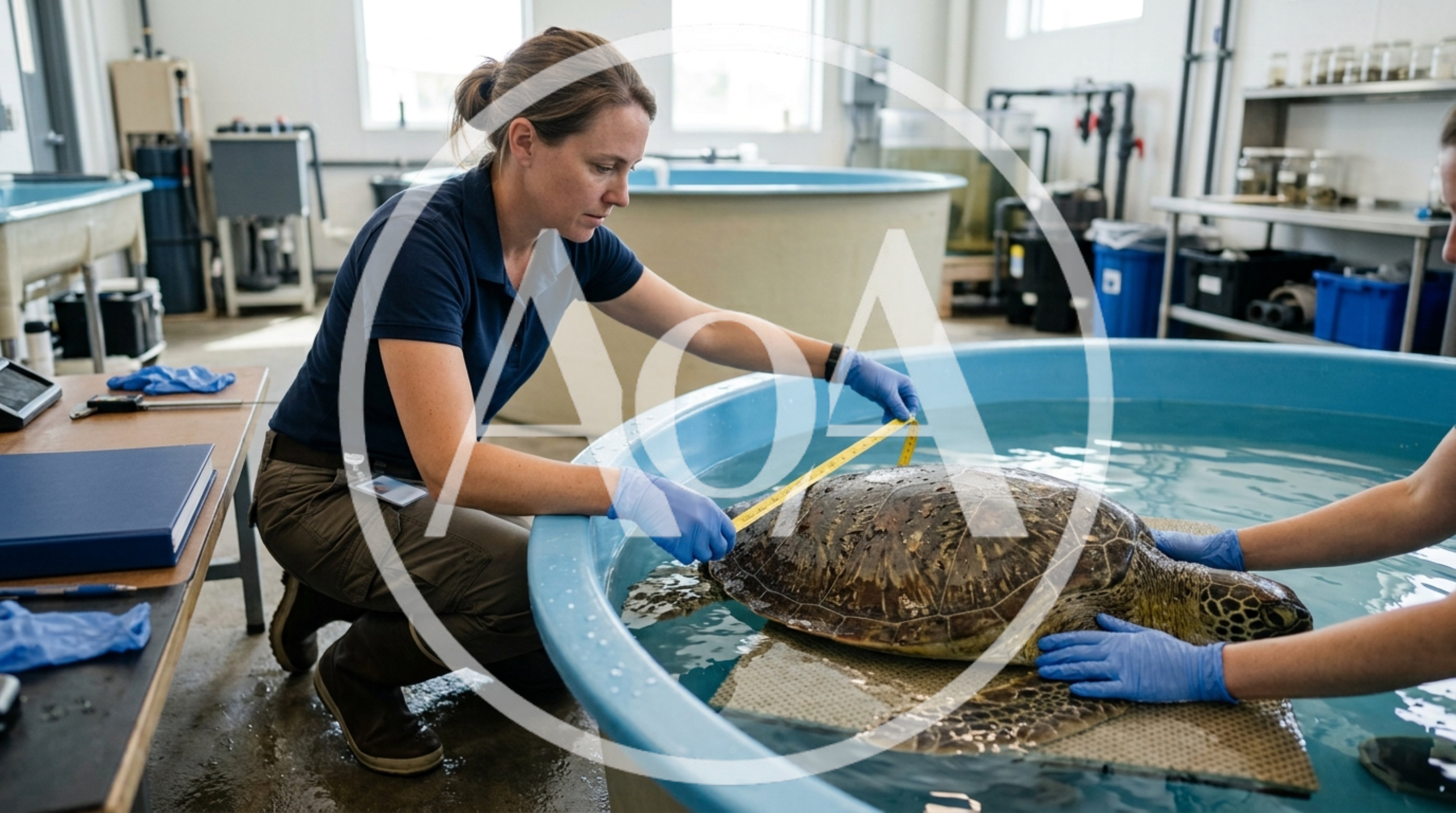Marine Biologists Measuring Sea Turtle In Rehabilitation Tank