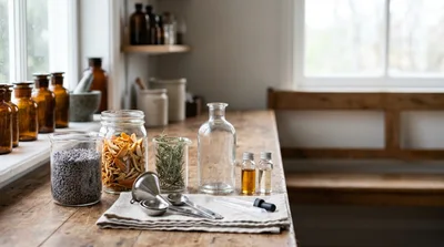 Apothecary Ingredients And Tools On A Wooden Table