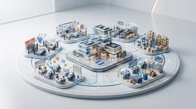 Corporate Ecosystem Infographic With Central Office Building