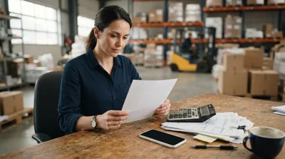 Warehouse Manager Reviewing Documents at Desk