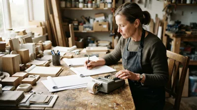 Artisan Woman Calculating Finances In Her Woodworking Workshop