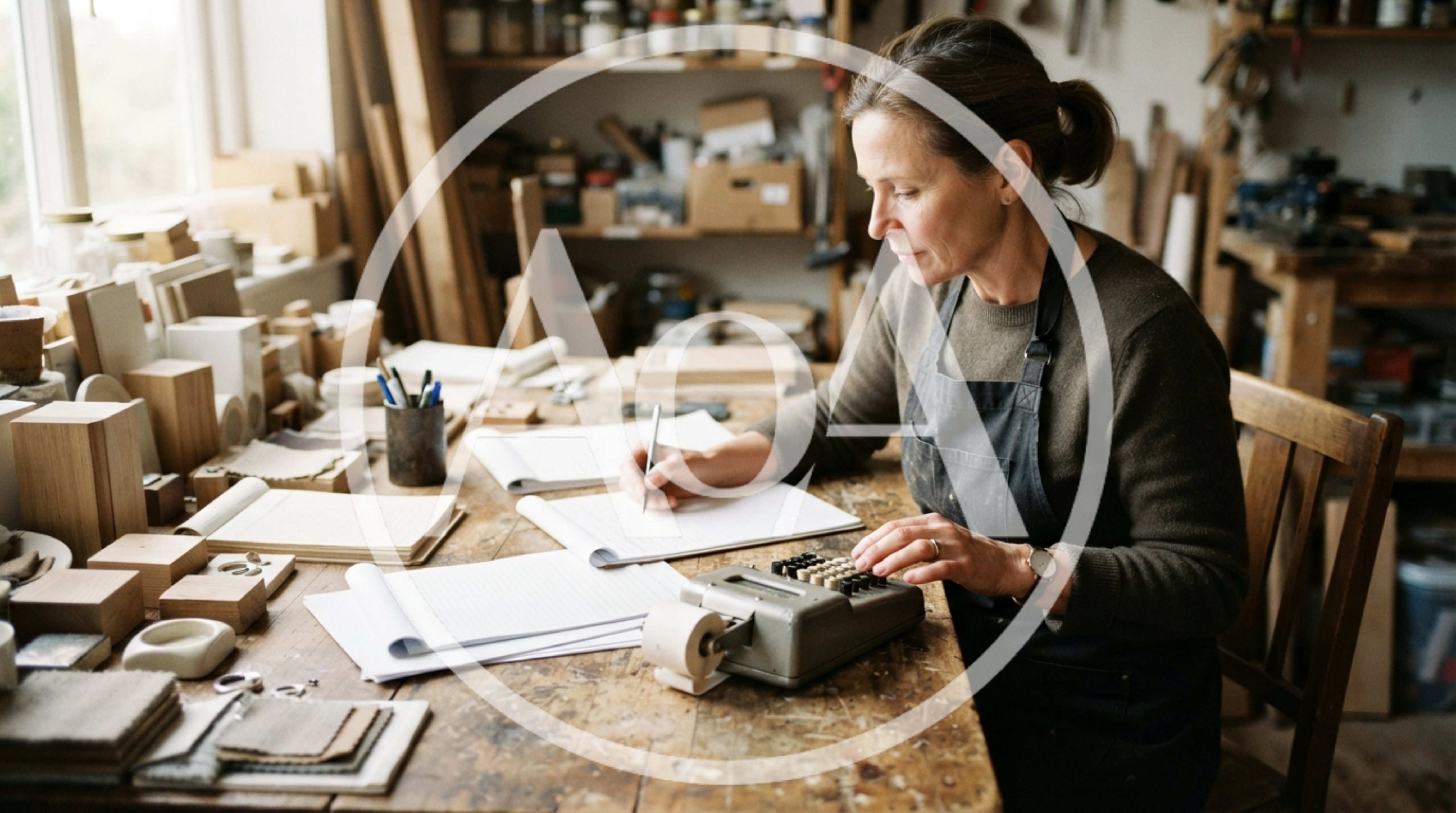 Artisan Woman Calculating Finances In Her Woodworking Workshop