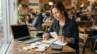 Woman Calculating Business Expenses In A Coffee Shop