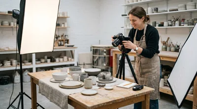 Potter Photographing Ceramic Tableware In Studio