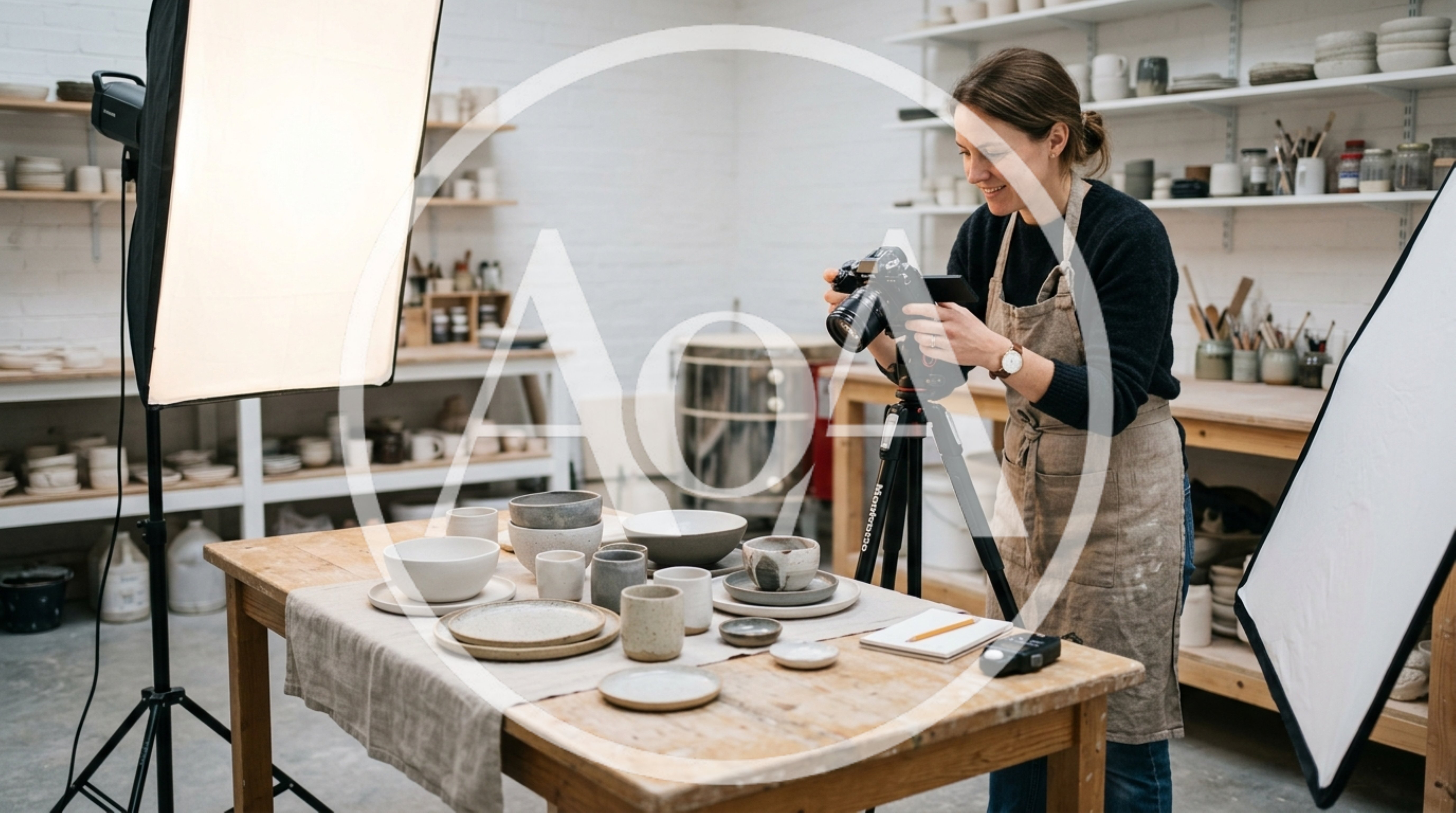 Potter Photographing Ceramic Tableware In Studio