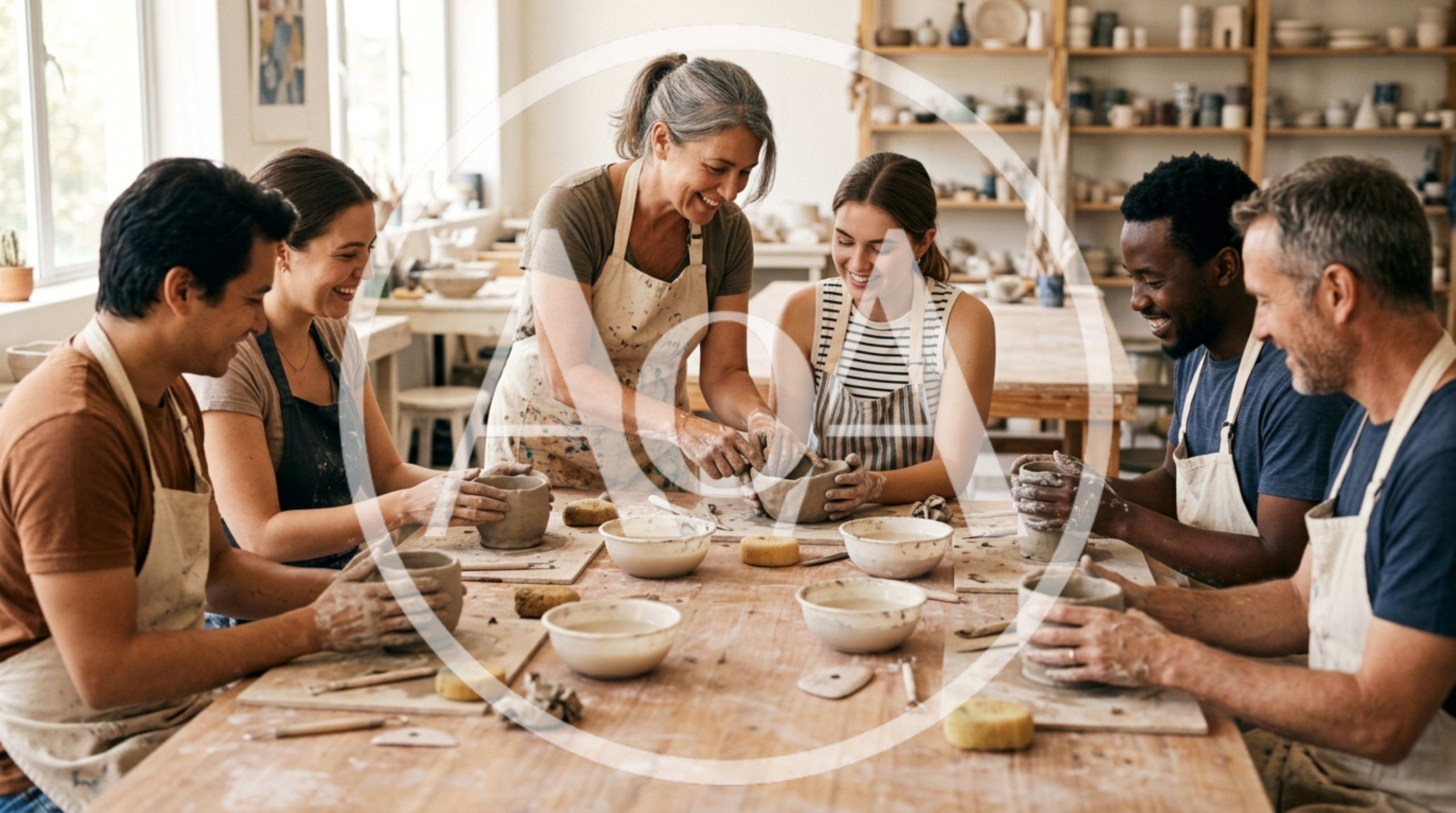 Diverse Group Attending Pottery Workshop Class