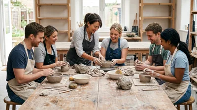Group Of Friends Attending A Pottery Workshop