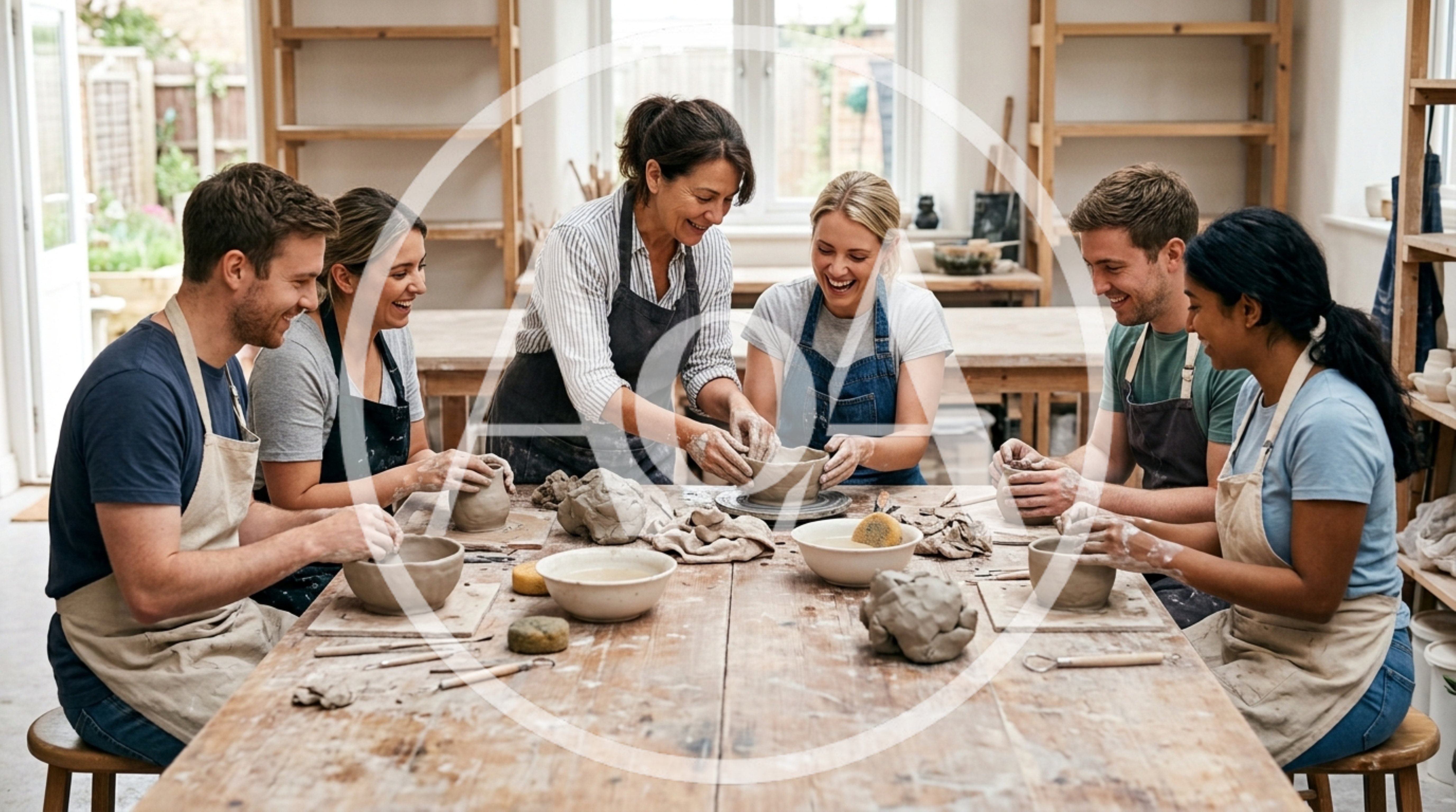 Group Of Friends Attending A Pottery Workshop