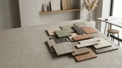 Assorted Ceramic Tile Samples On A Concrete Surface
