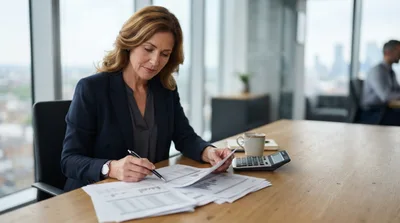 Professional Businesswoman Reviewing Financial Documents In Office