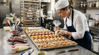 Professional Pastry Chef Decorating Mini Tarts In Bakery