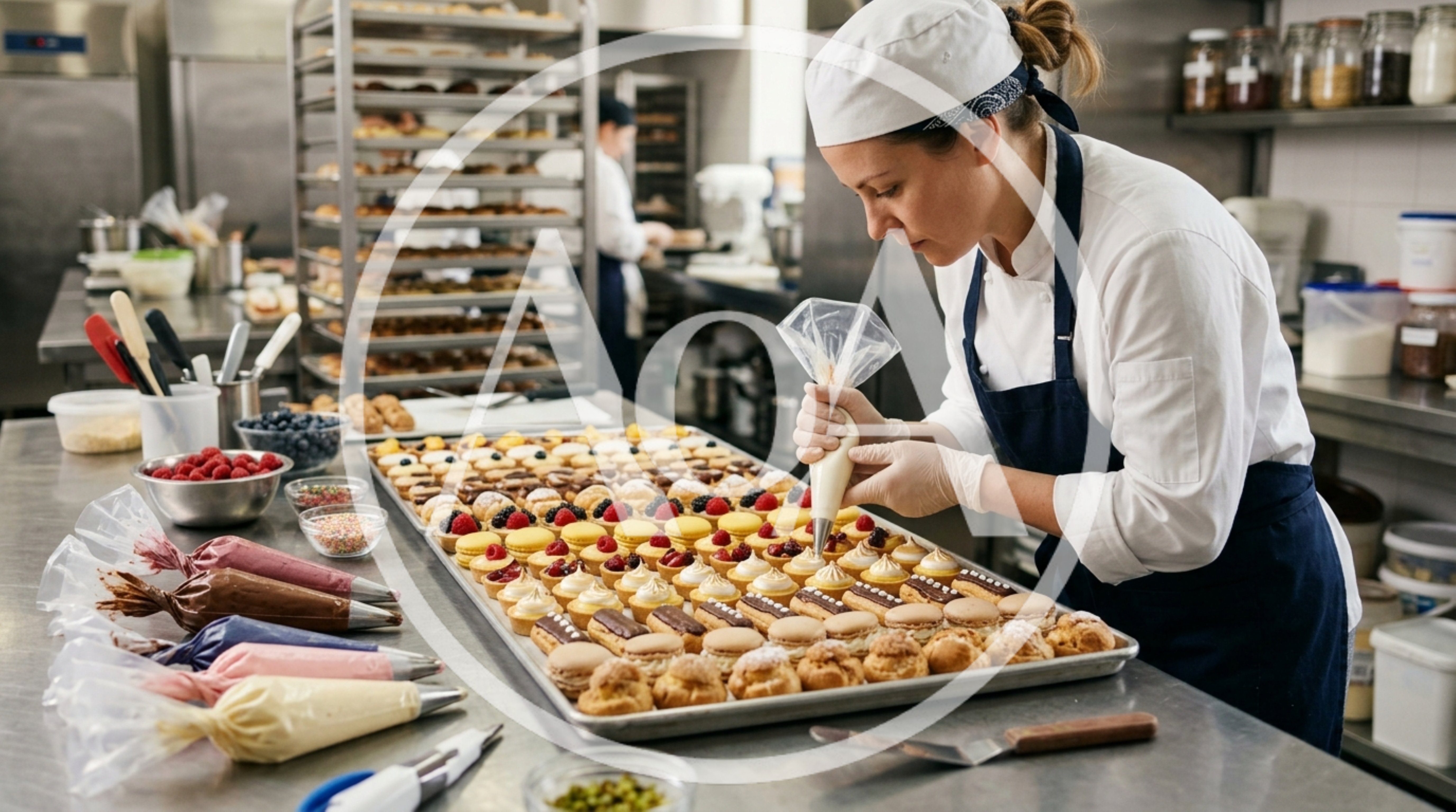 Professional Pastry Chef Decorating Mini Tarts In Bakery