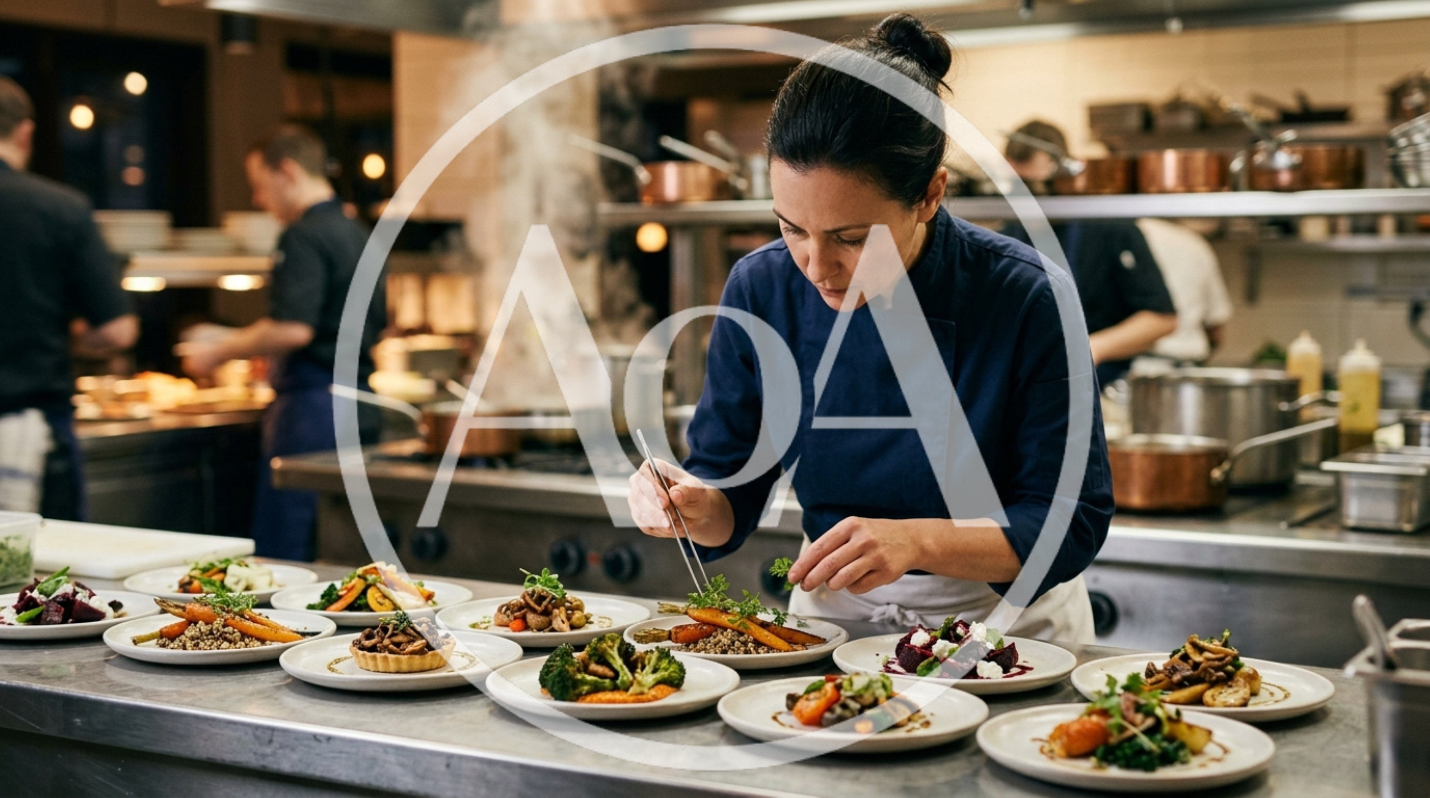 Professional Chef Plating Gourmet Dishes In Restaurant Kitchen