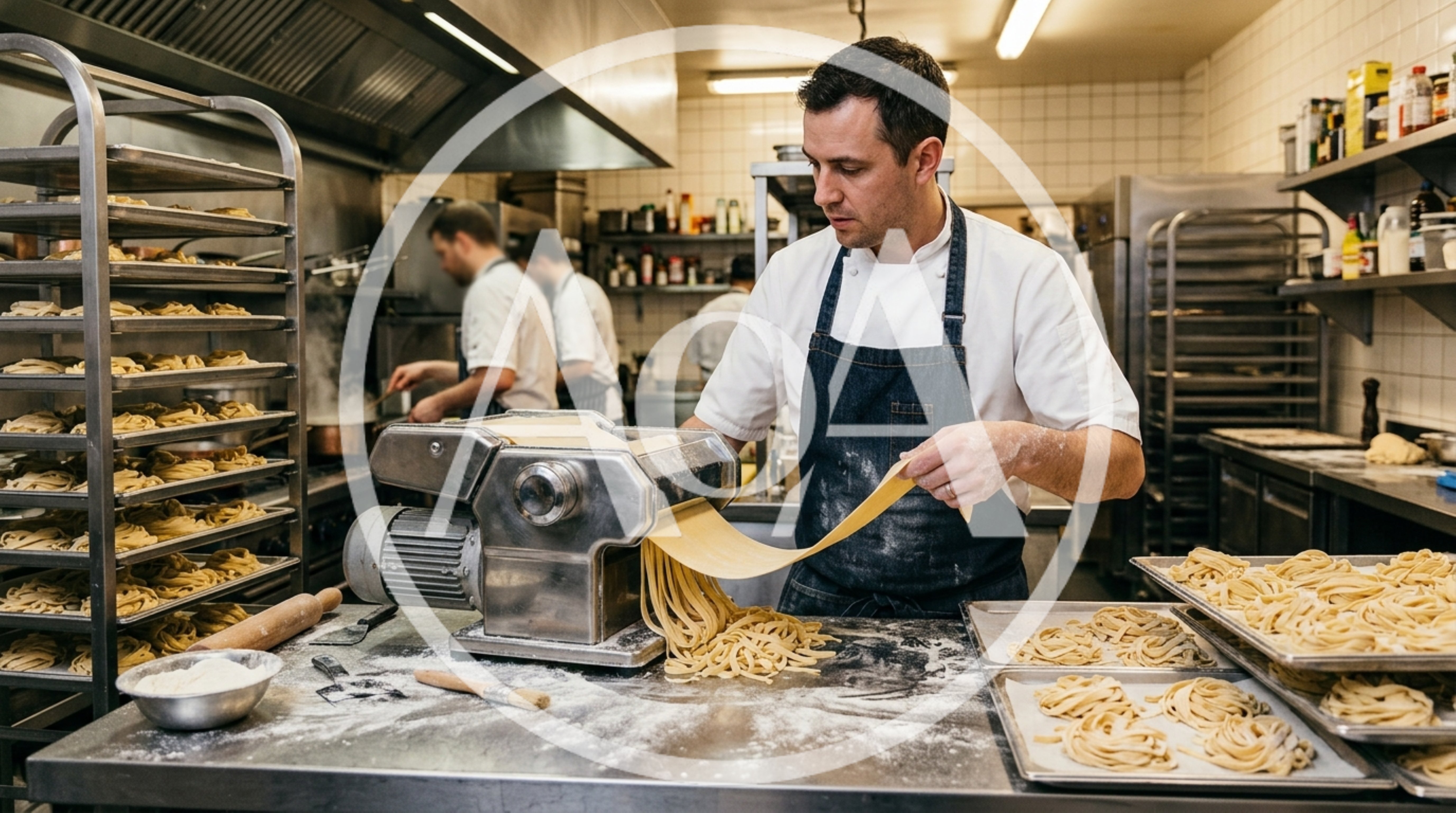 Professional Chef Preparing Fresh Pasta In Restaurant Kitchen