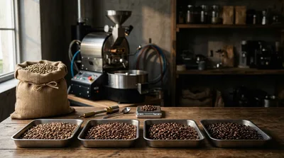 Coffee Roasting Process With Beans In Trays