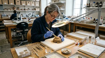 Archaeologist Cleaning Ancient Pottery Fragment In Laboratory