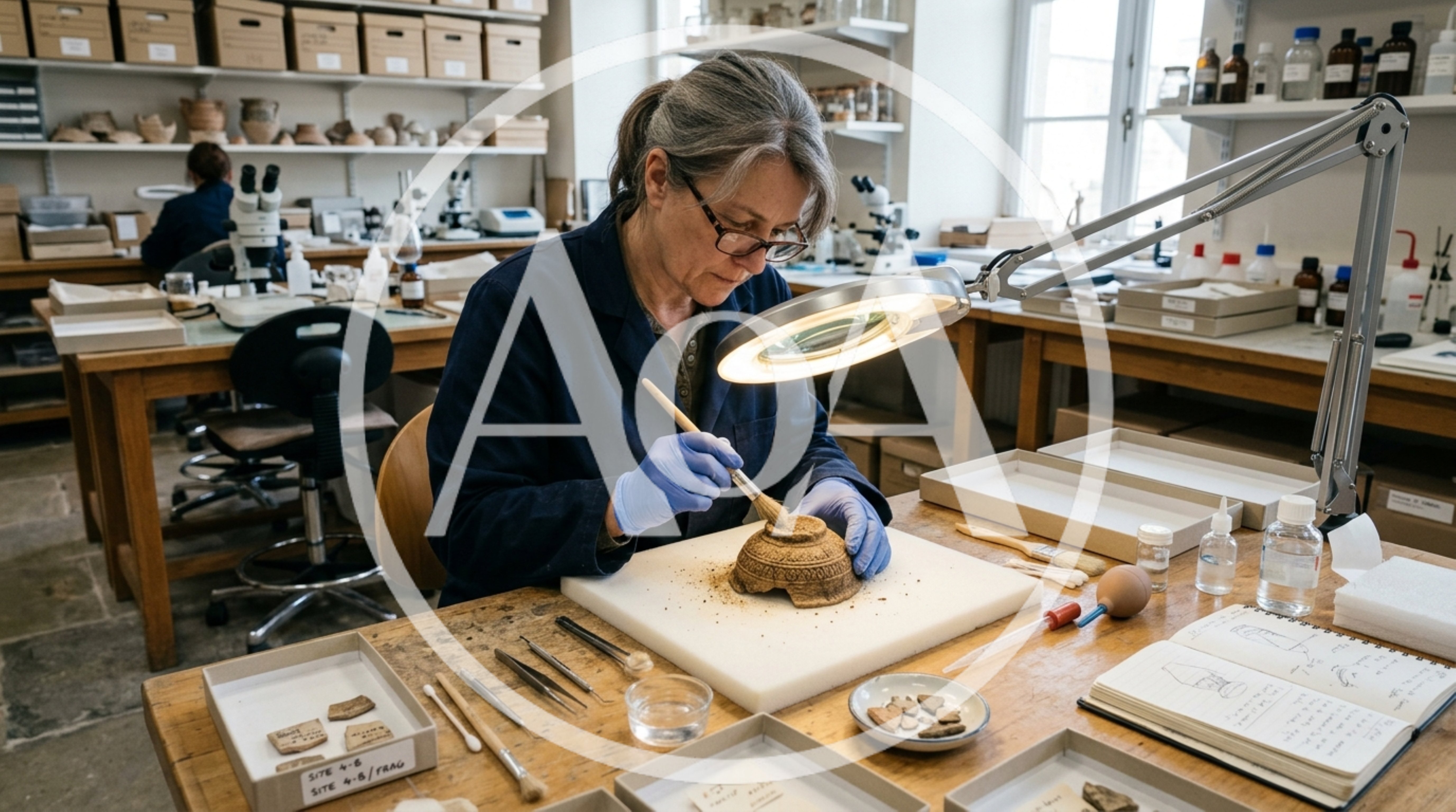 Archaeologist Cleaning Ancient Pottery Fragment In Laboratory