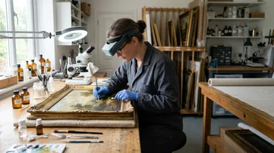 Art Conservator Restoring An Antique Oil Painting