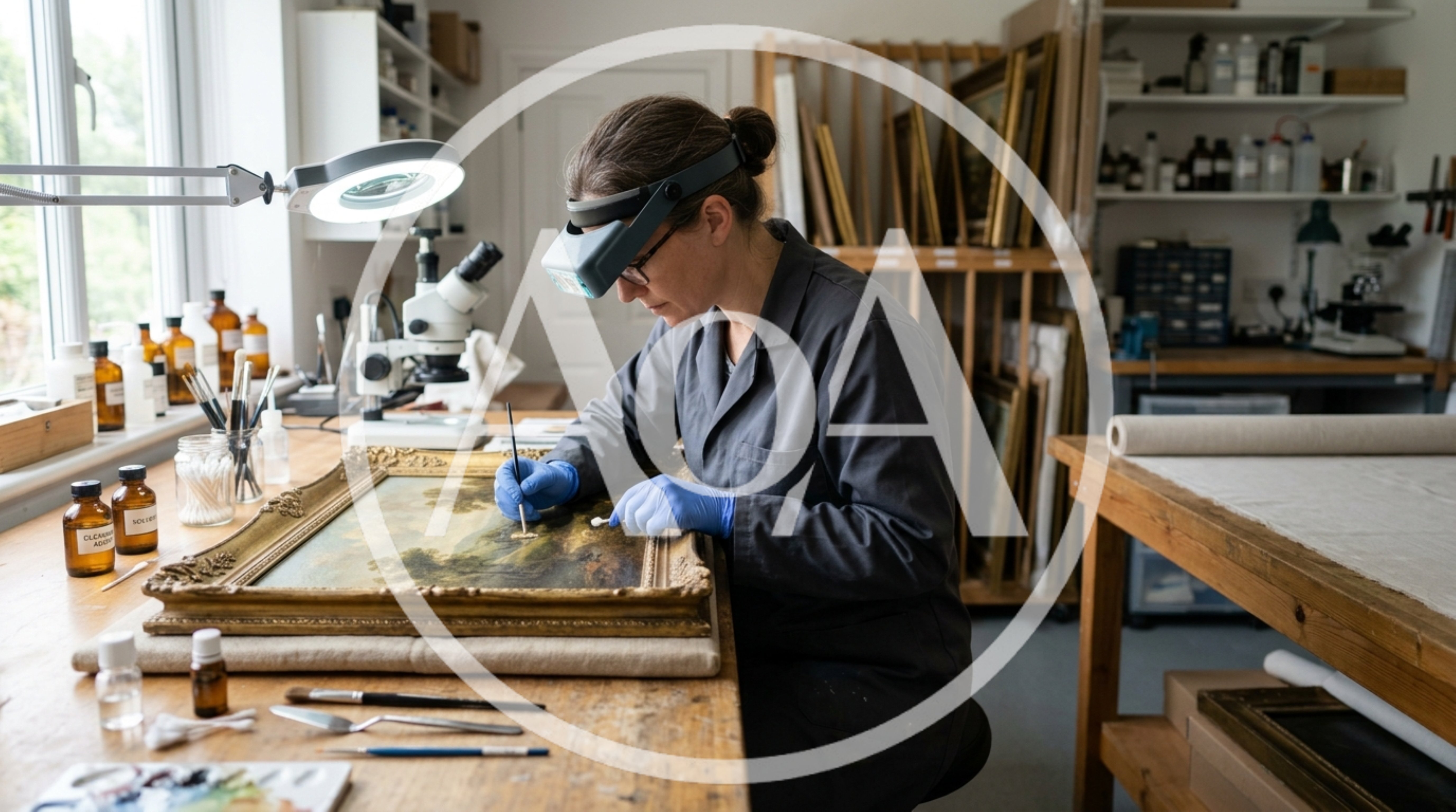 Art Conservator Restoring An Antique Oil Painting