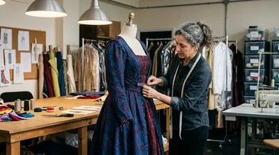 Fashion Designer Adjusting Dress On Mannequin In Studio