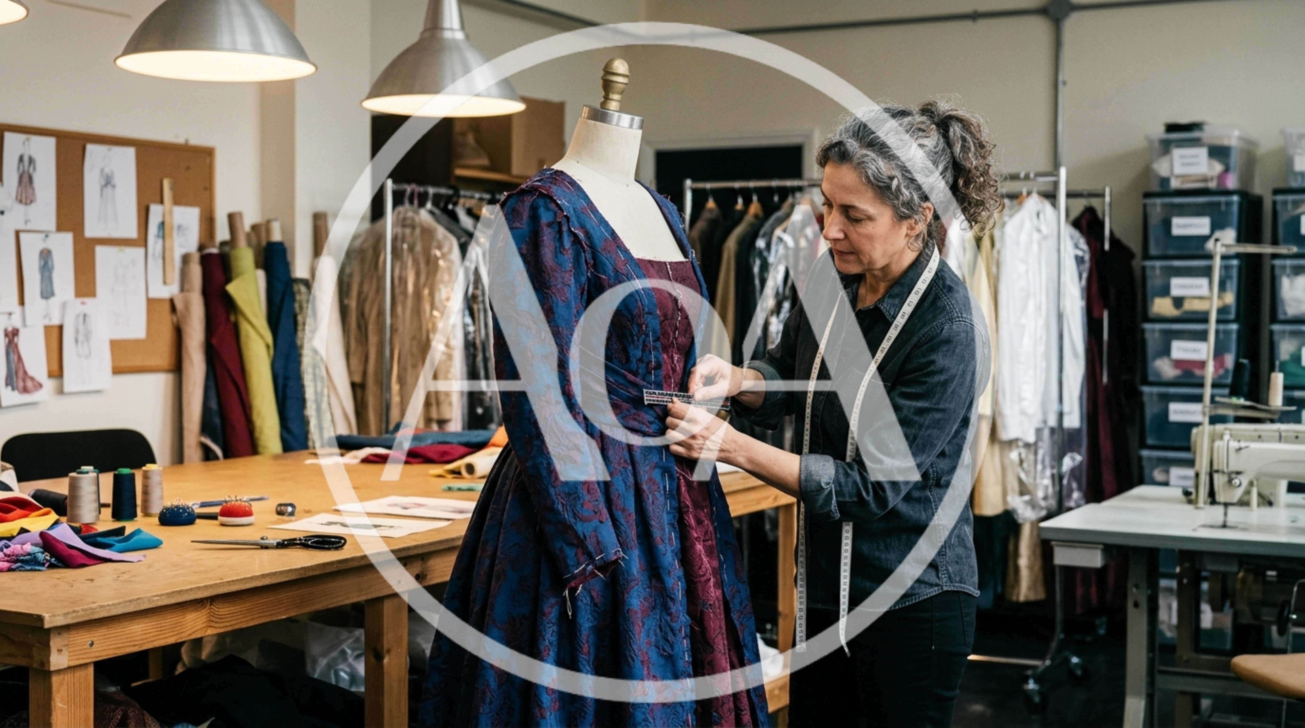 Fashion Designer Adjusting Dress On Mannequin In Studio