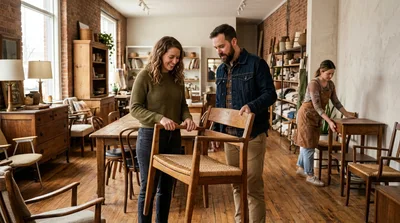 Couple Shopping For Vintage Furniture In A Boutique Store
