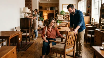 Couple Shopping For Vintage Furniture In A Boutique Store