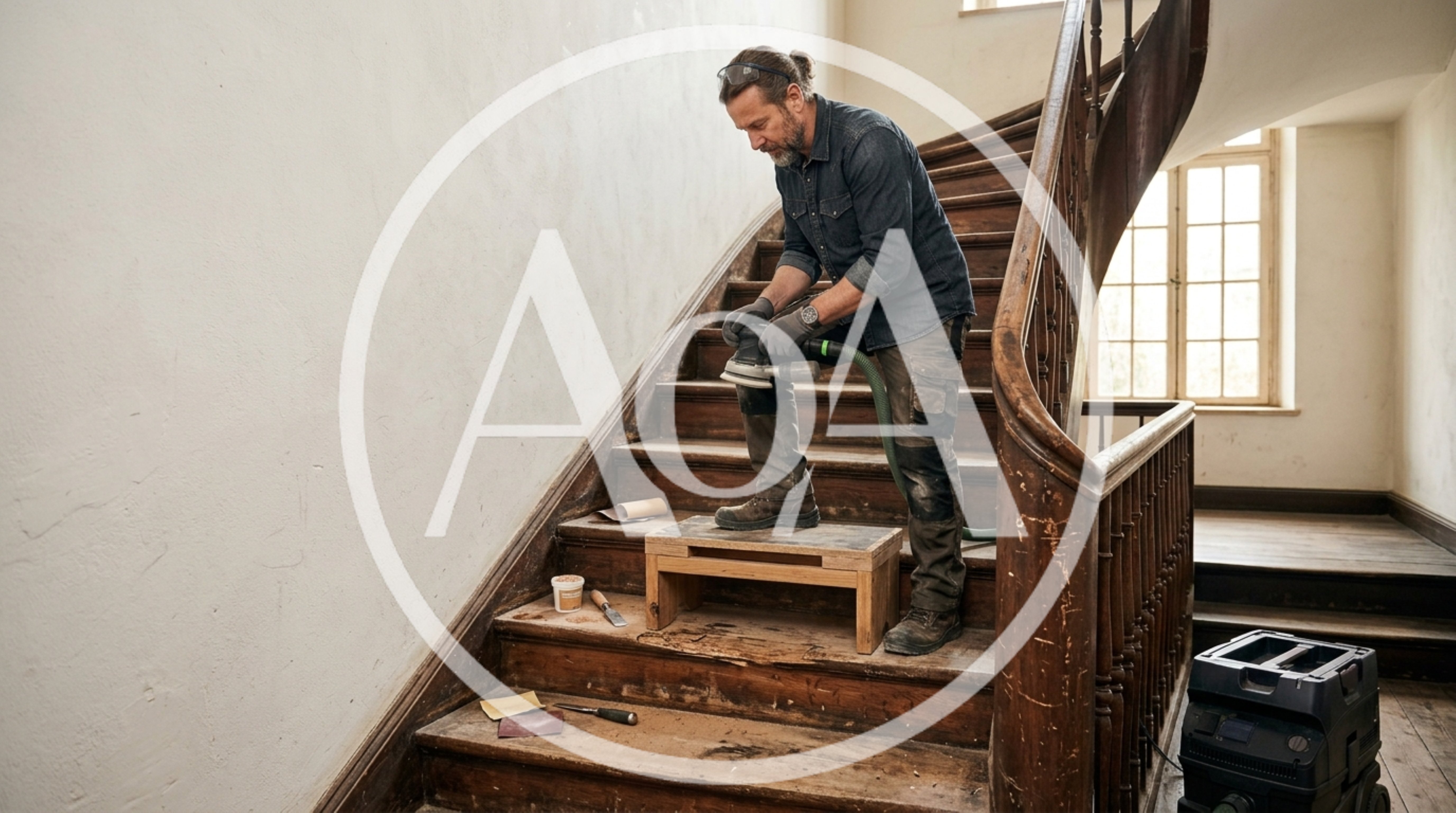 Professional Carpenter Sanding Wooden Staircase