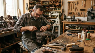Professional Cobbler Hand Stitching A Leather Boot