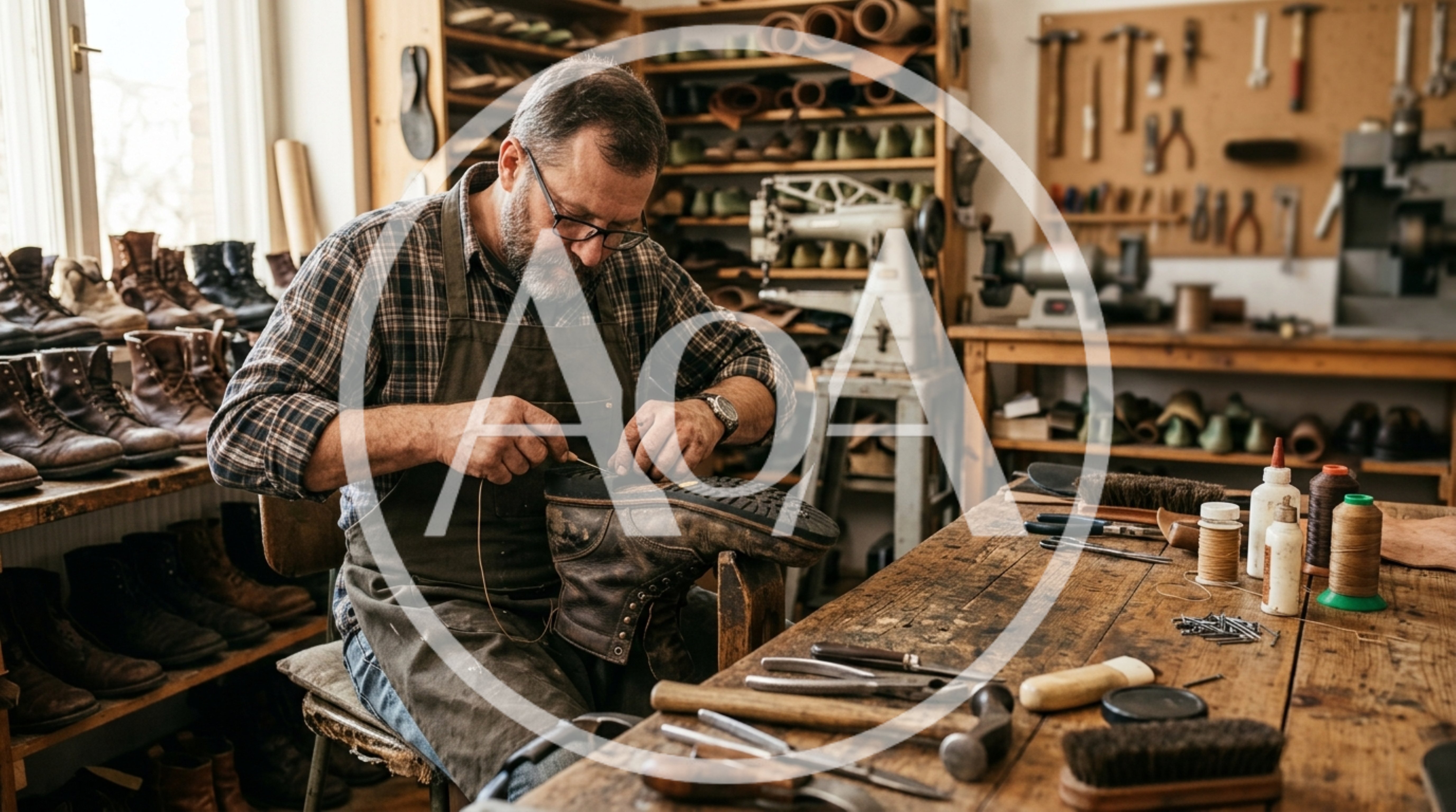 Professional Cobbler Hand Stitching A Leather Boot