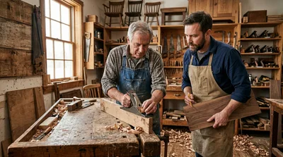 Master Carpenter Mentoring Apprentice in Traditional Woodworking Workshop