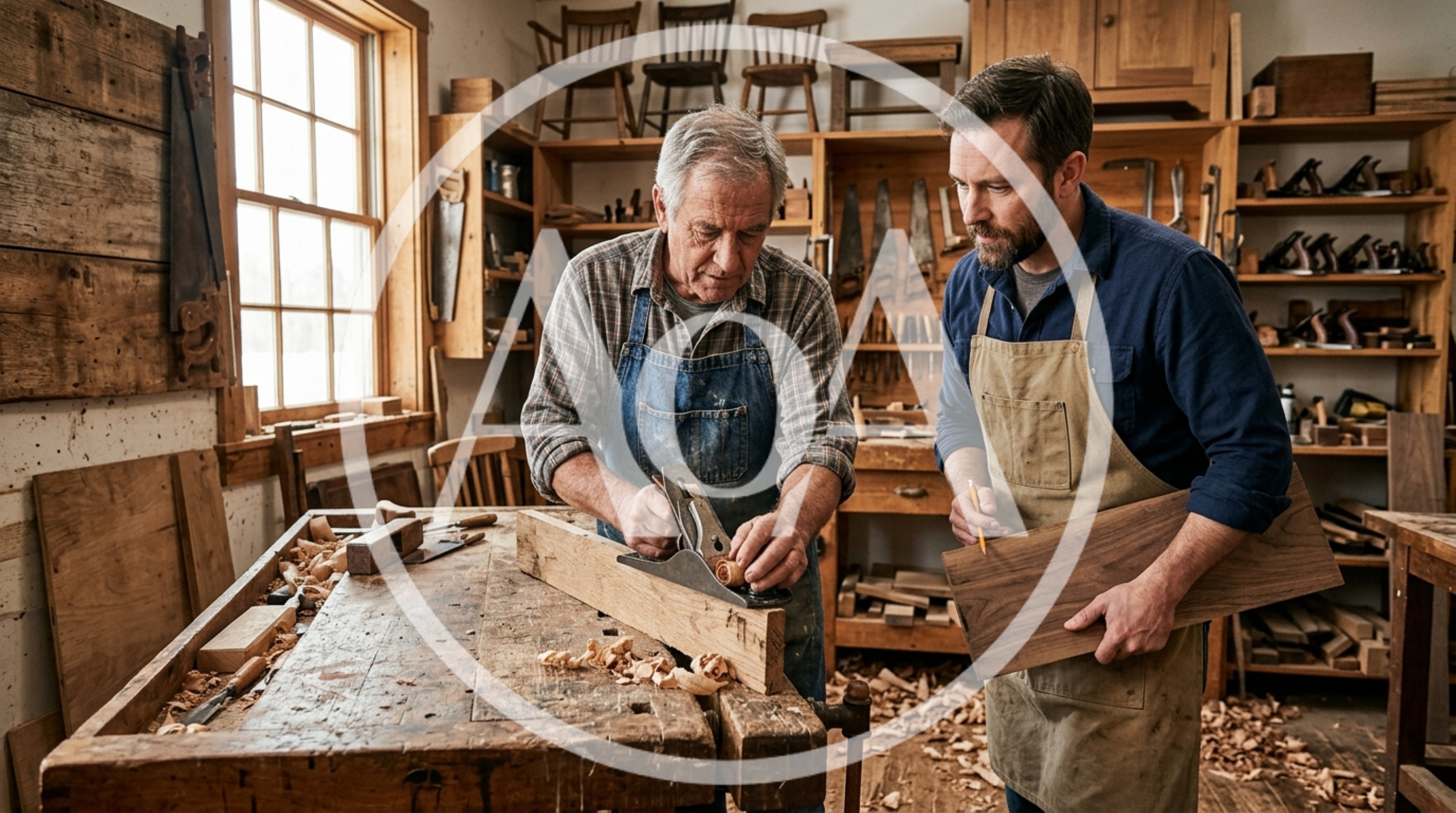 Master Carpenter Mentoring Apprentice in Traditional Woodworking Workshop