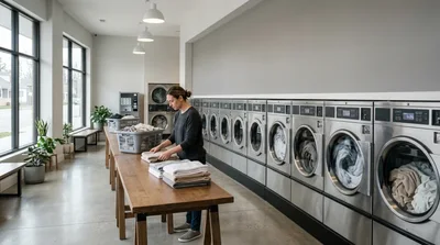 Woman Folding Laundry at a Modern Laundromat