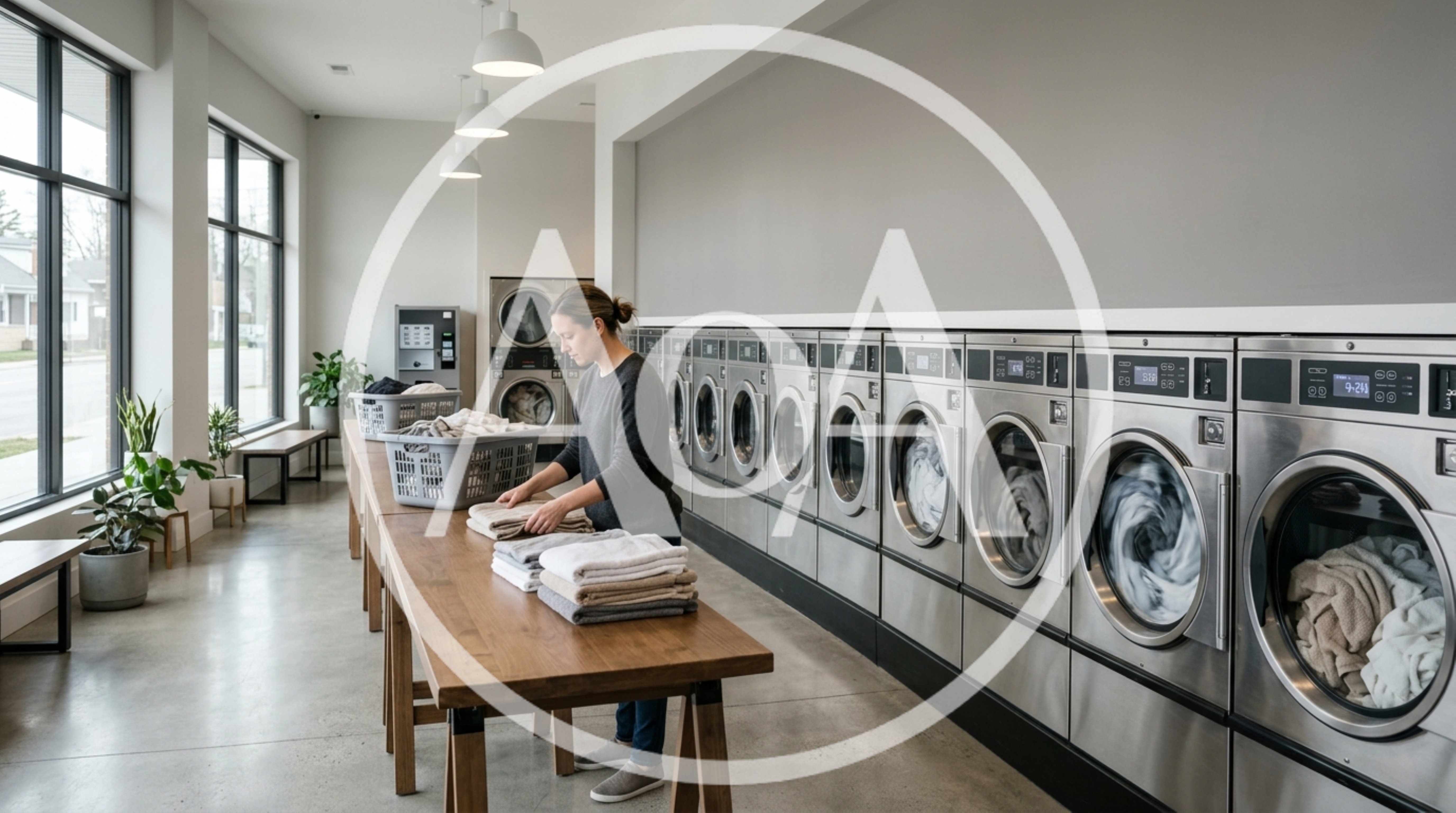 Woman Folding Laundry at a Modern Laundromat