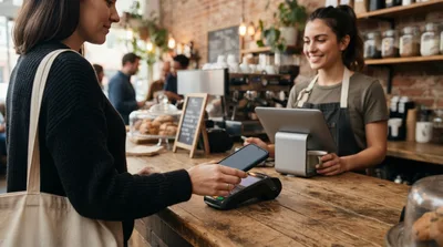 Customer Making Contactless Payment at Coffee Shop Counter