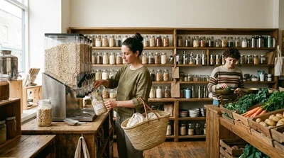 Two Women Shopping In A Zero Waste Grocery Store