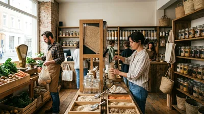 Customers Shopping In A Zero Waste Grocery Store