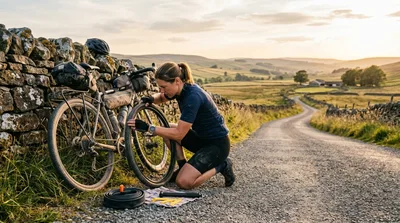 Female Cyclist Repairing Flat Tire On Rural Road