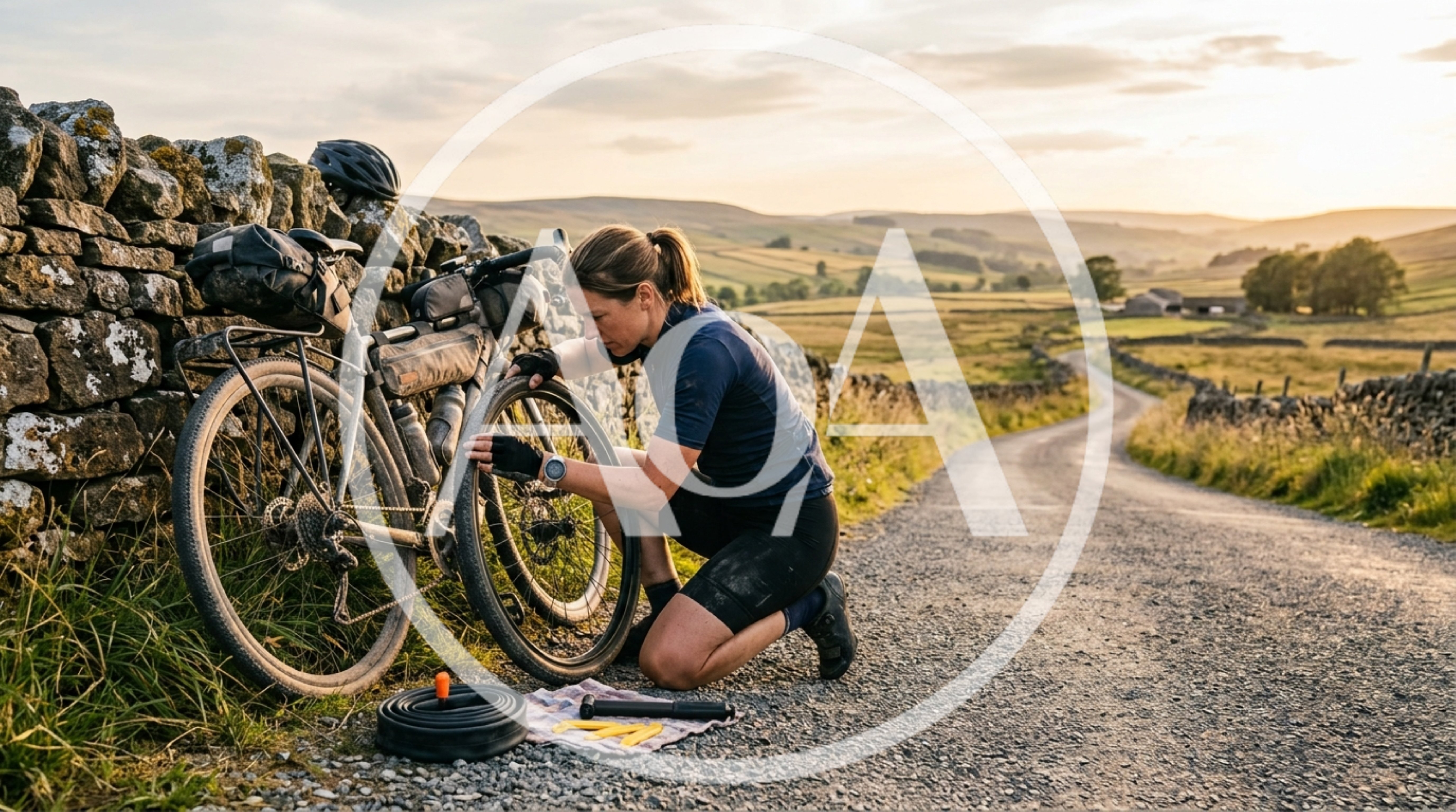 Female Cyclist Repairing Flat Tire On Rural Road