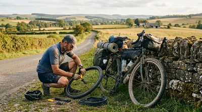 Cyclist Repairing Flat Tire On Rural Roadside