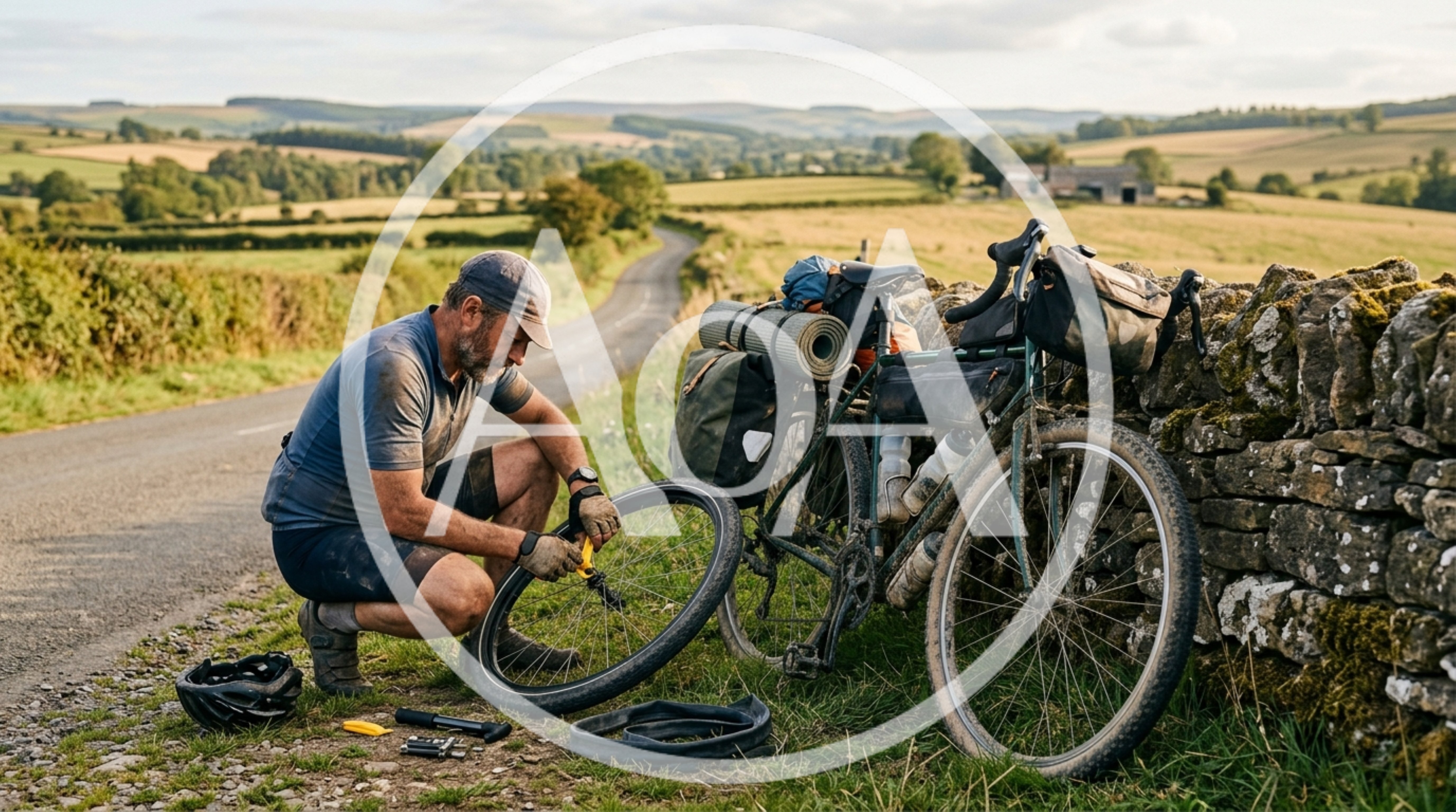 Cyclist Repairing Flat Tire On Rural Roadside
