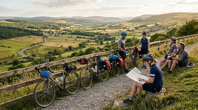 Group of Cyclists Planning Route on Scenic Hillside