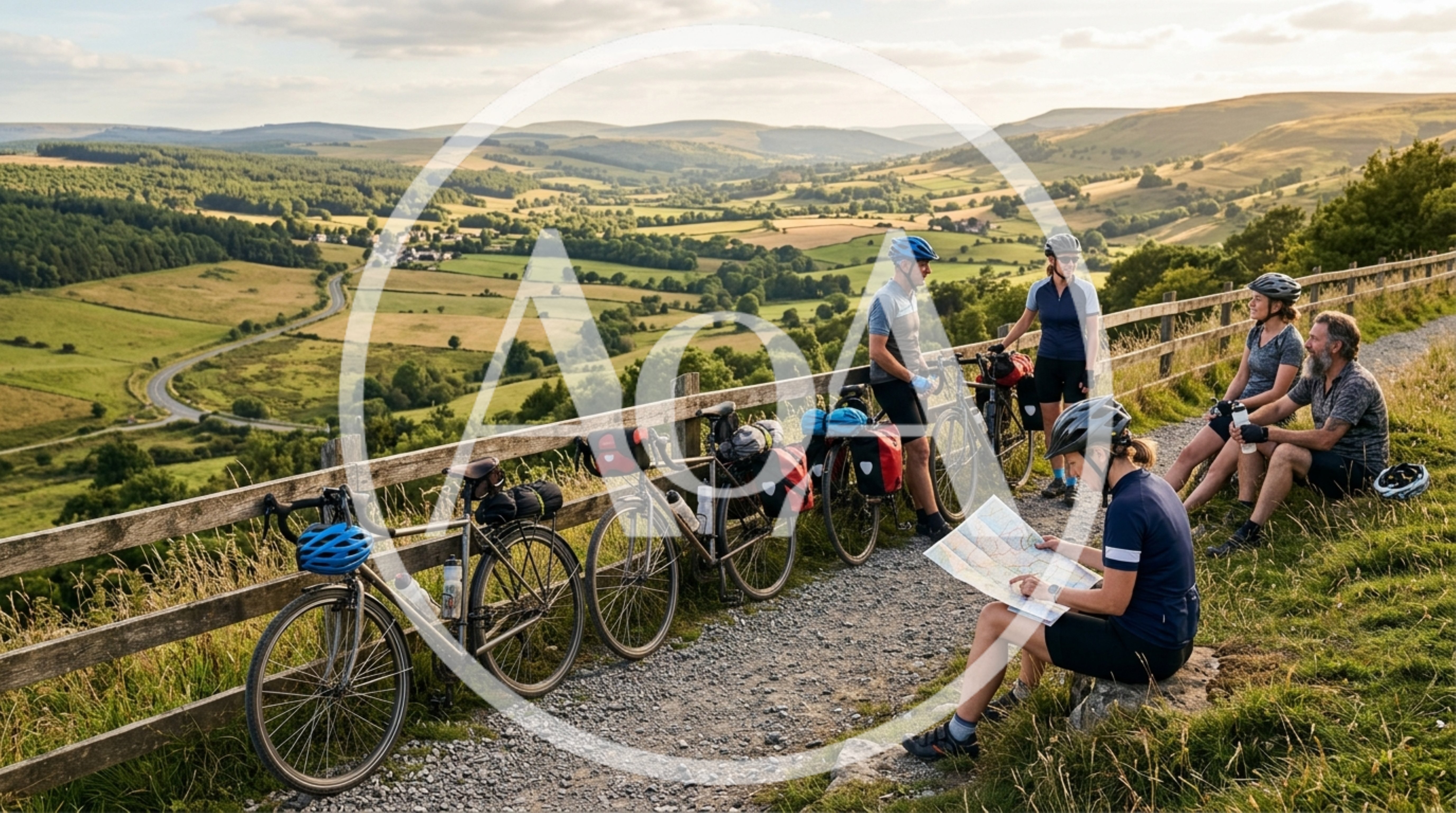 Group of Cyclists Planning Route on Scenic Hillside